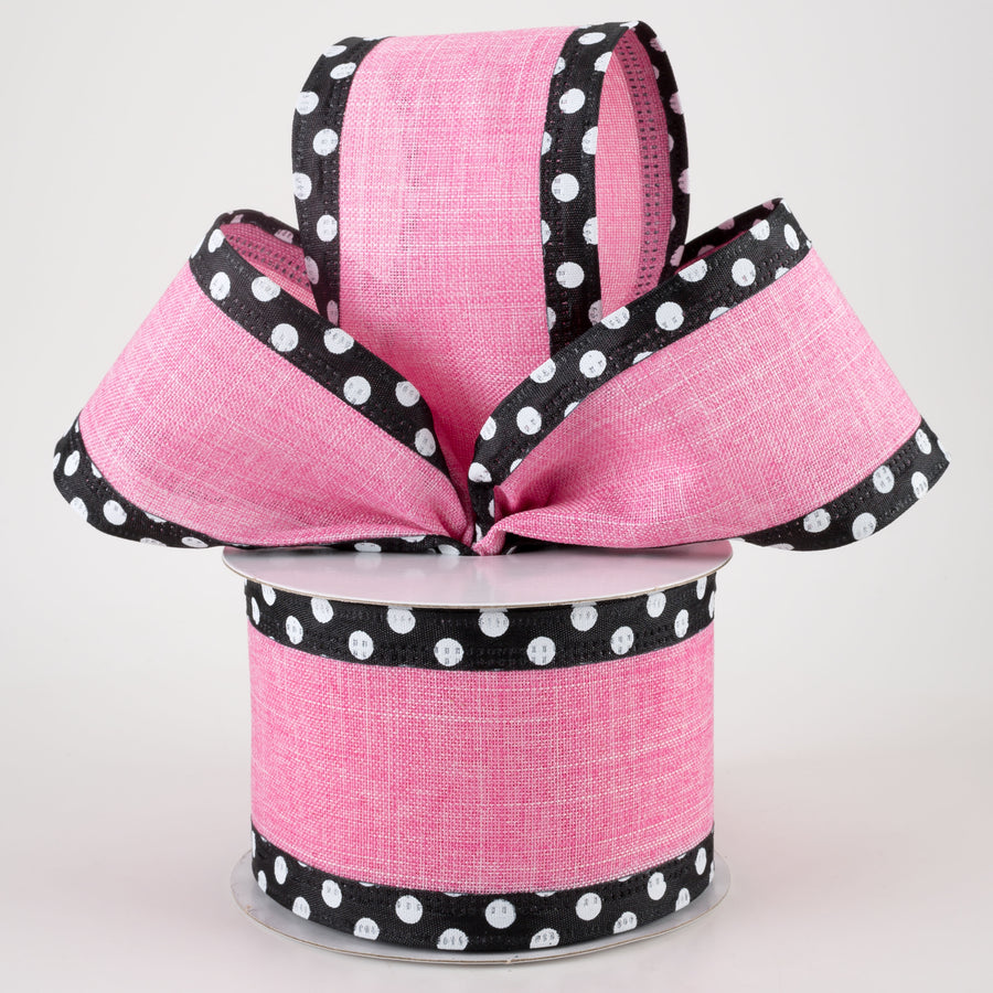 2.5" Linen Center & Polka Dot Edge Ribbon: Pink (10 Yards)