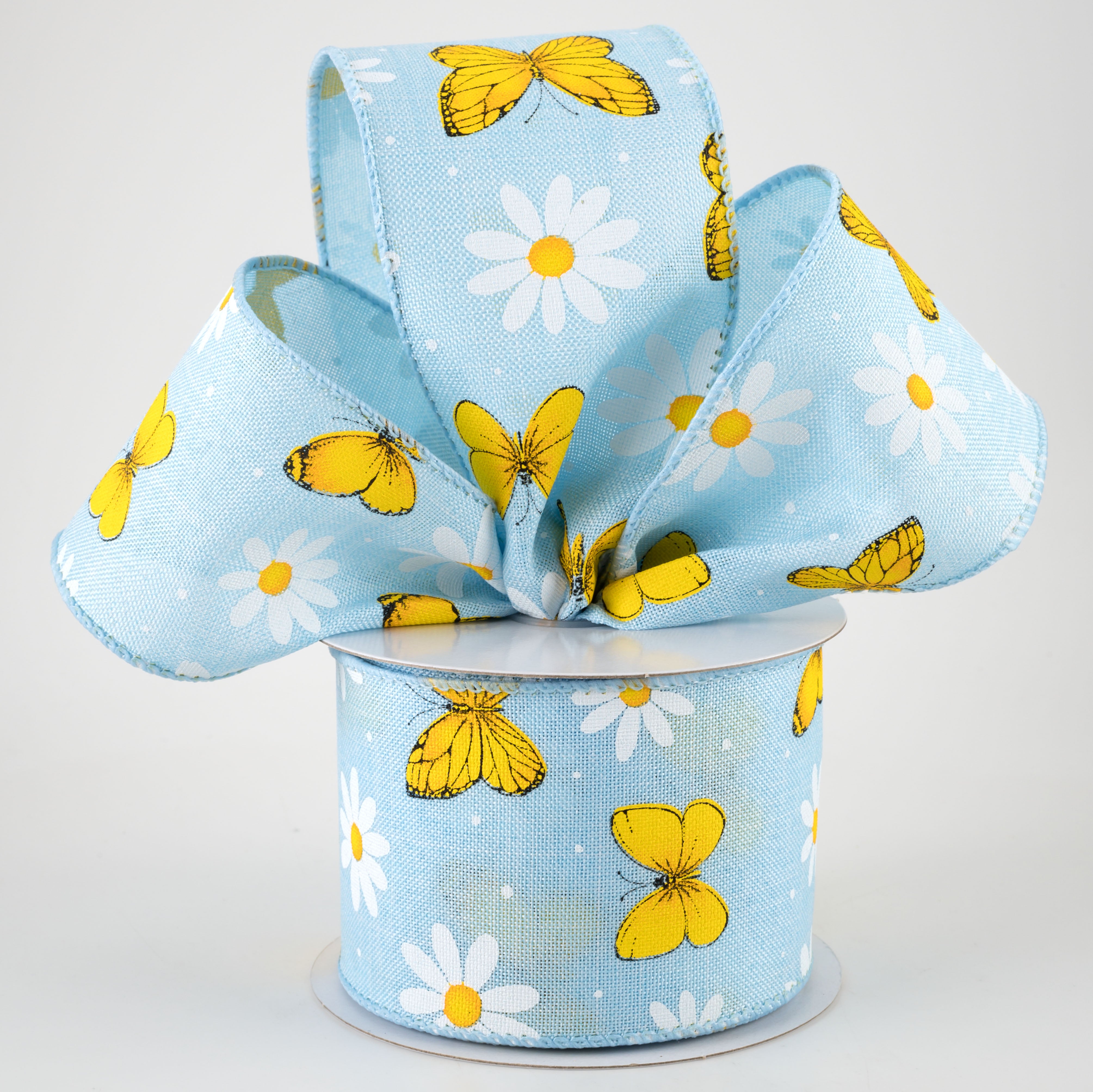2.5" Daisies & Butterflies Linen Ribbon: Light Blue (10 Yards)