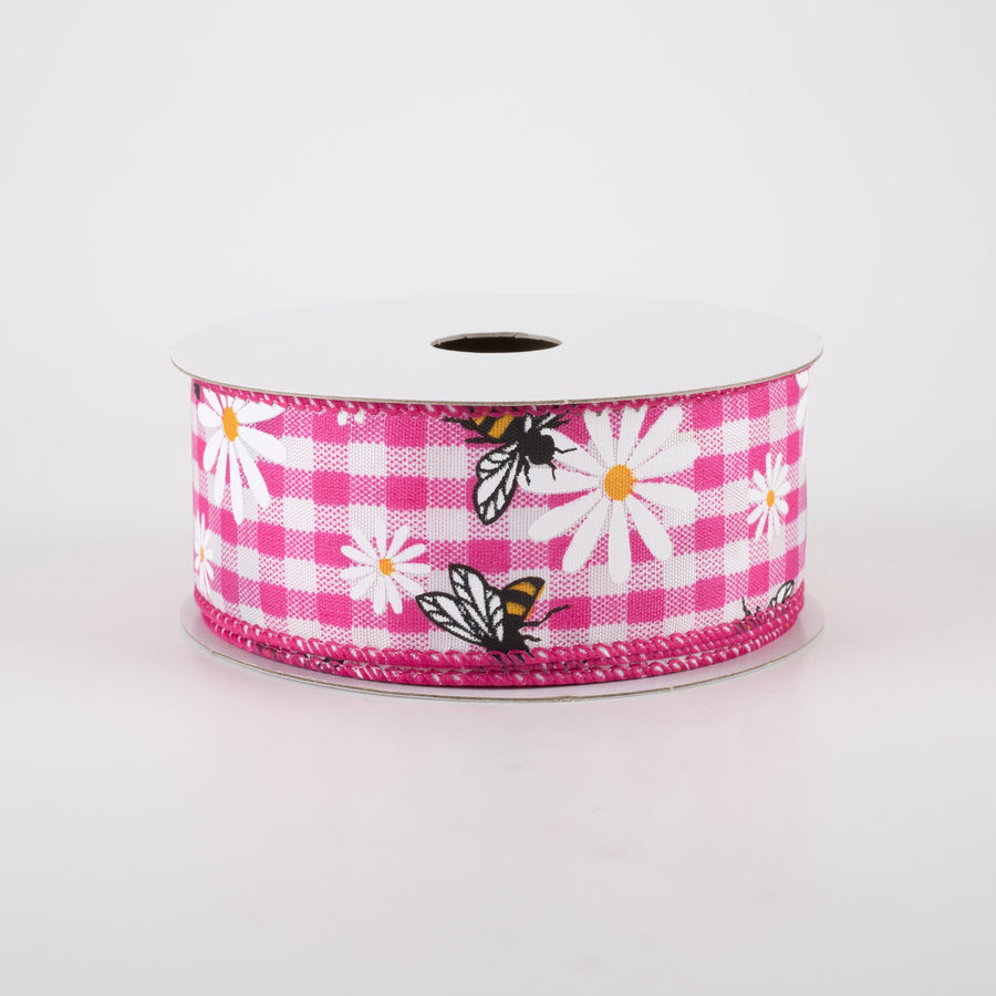 1.5" Daisies & Bees Ribbon: Fuchsia Pink Gingham (10 Yards)