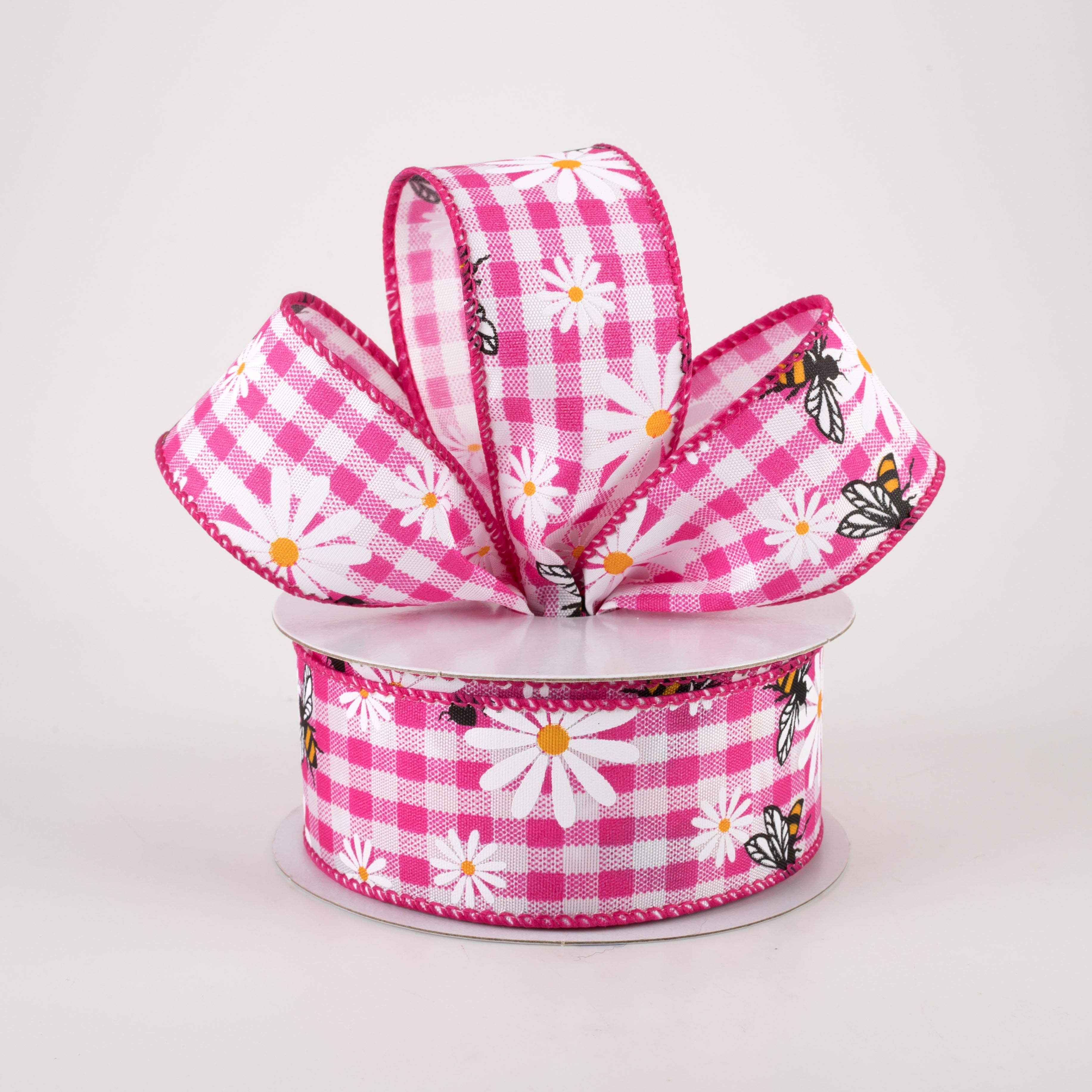 1.5" Daisies & Bees Ribbon: Fuchsia Pink Gingham (10 Yards)