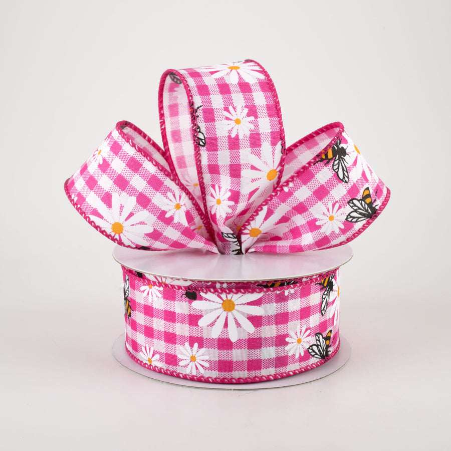 1.5" Daisies & Bees Ribbon: Fuchsia Pink Gingham (10 Yards)