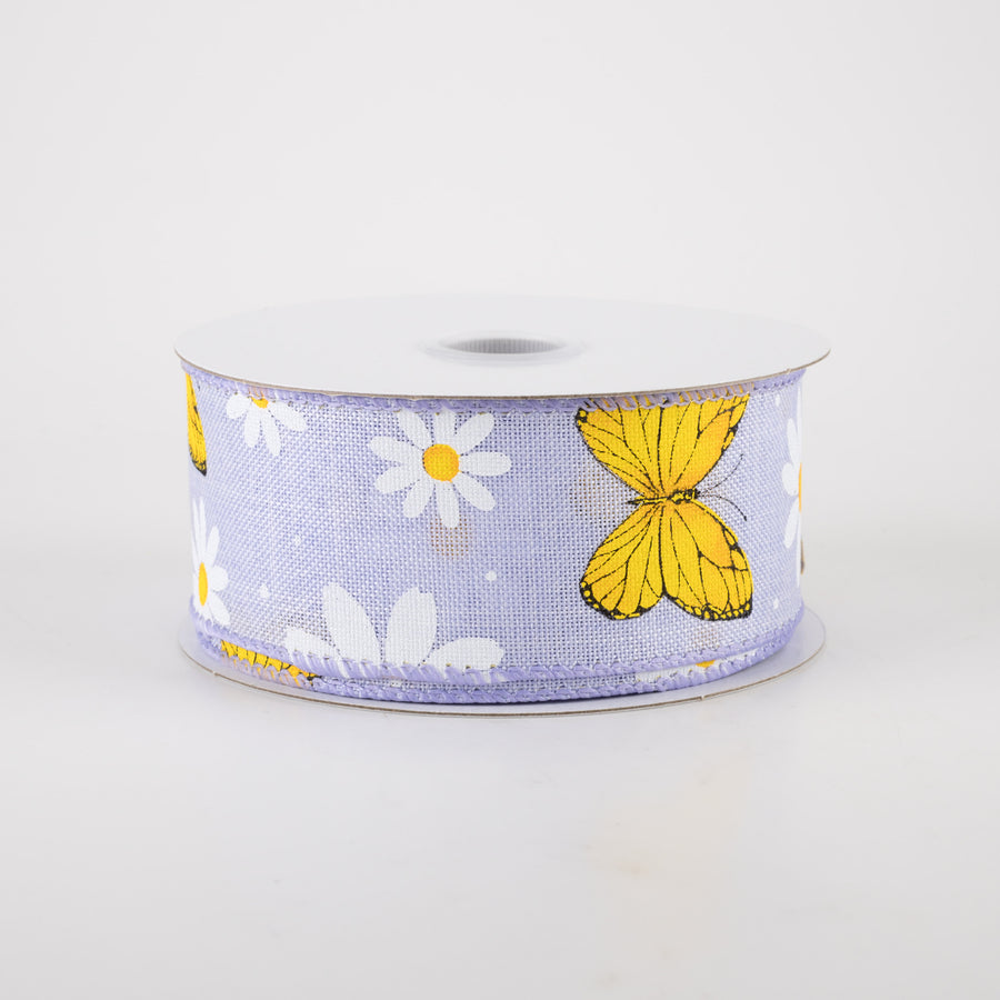 1.5" Daisies & Butterflies Linen Ribbon: Lavender (10 Yards)