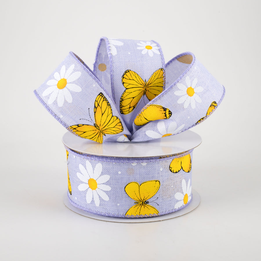 1.5" Daisies & Butterflies Linen Ribbon: Lavender (10 Yards)
