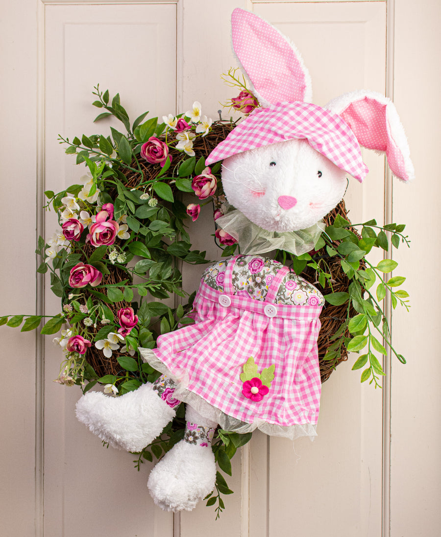 Girl Bunny With Hat Wreath Accent