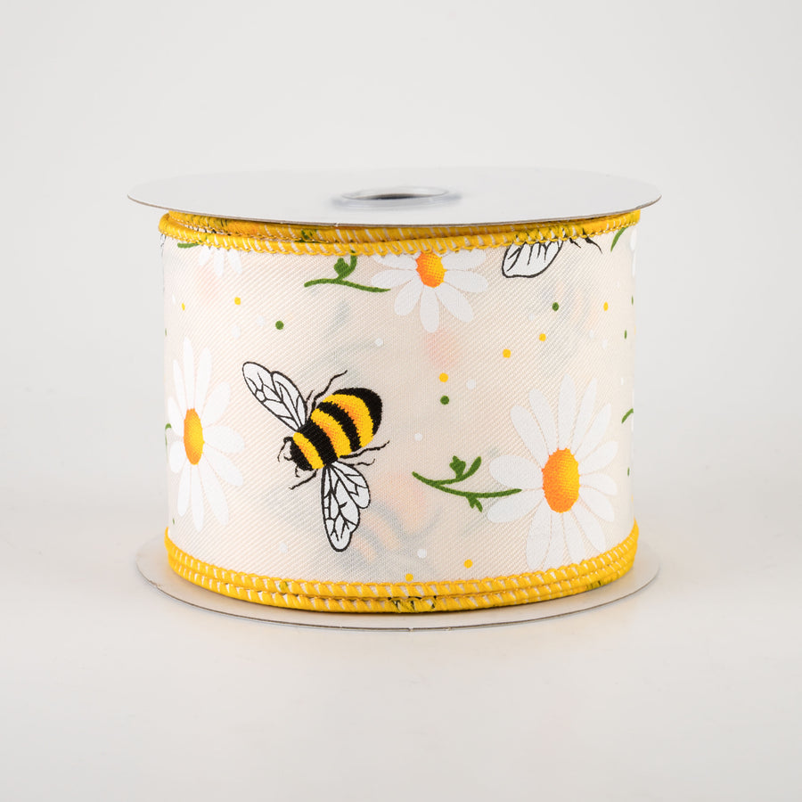 2.5" Bumblebees & Daisies Ribbon: Ivory Royal (10 Yards)