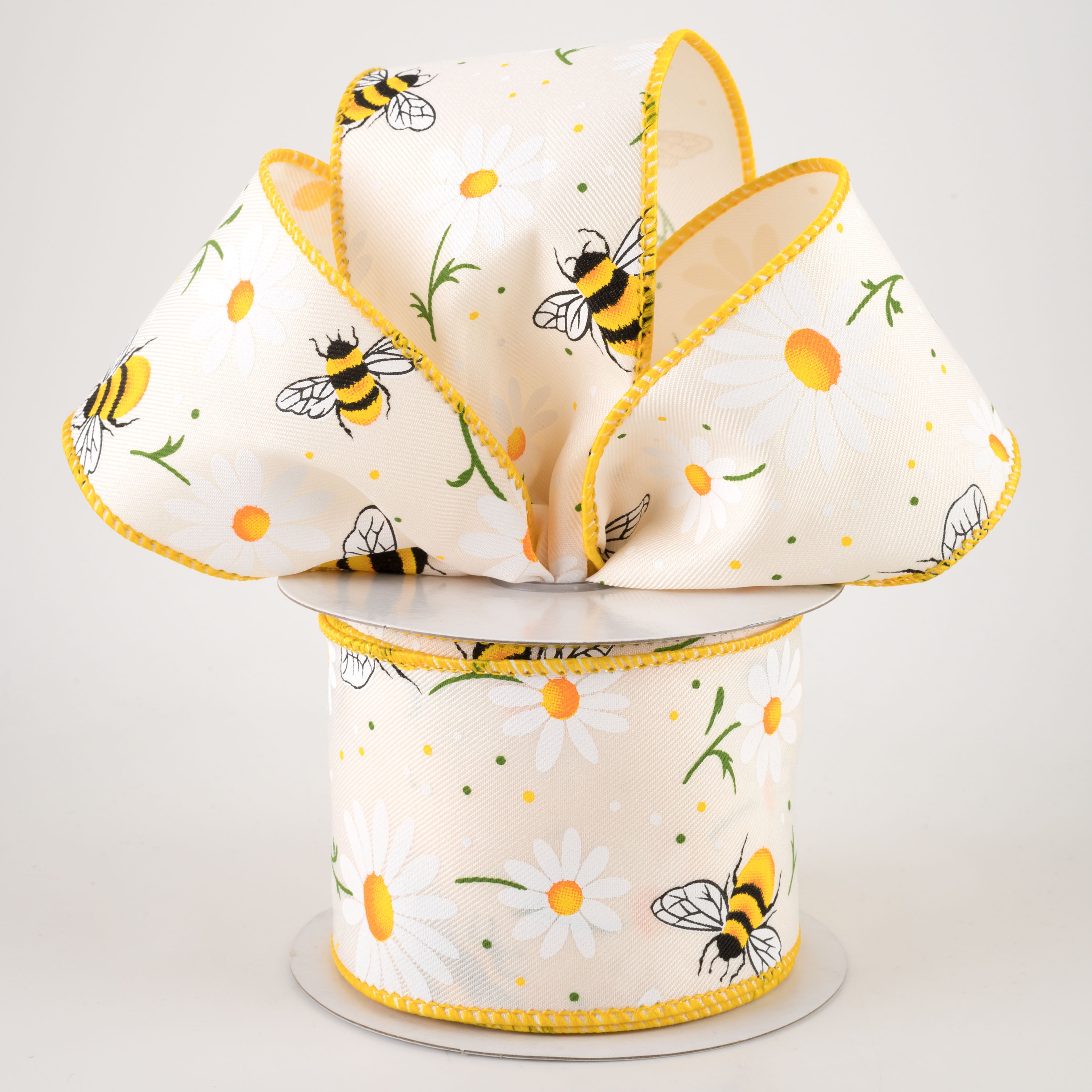 2.5" Bumblebees & Daisies Ribbon: Ivory Royal (10 Yards)