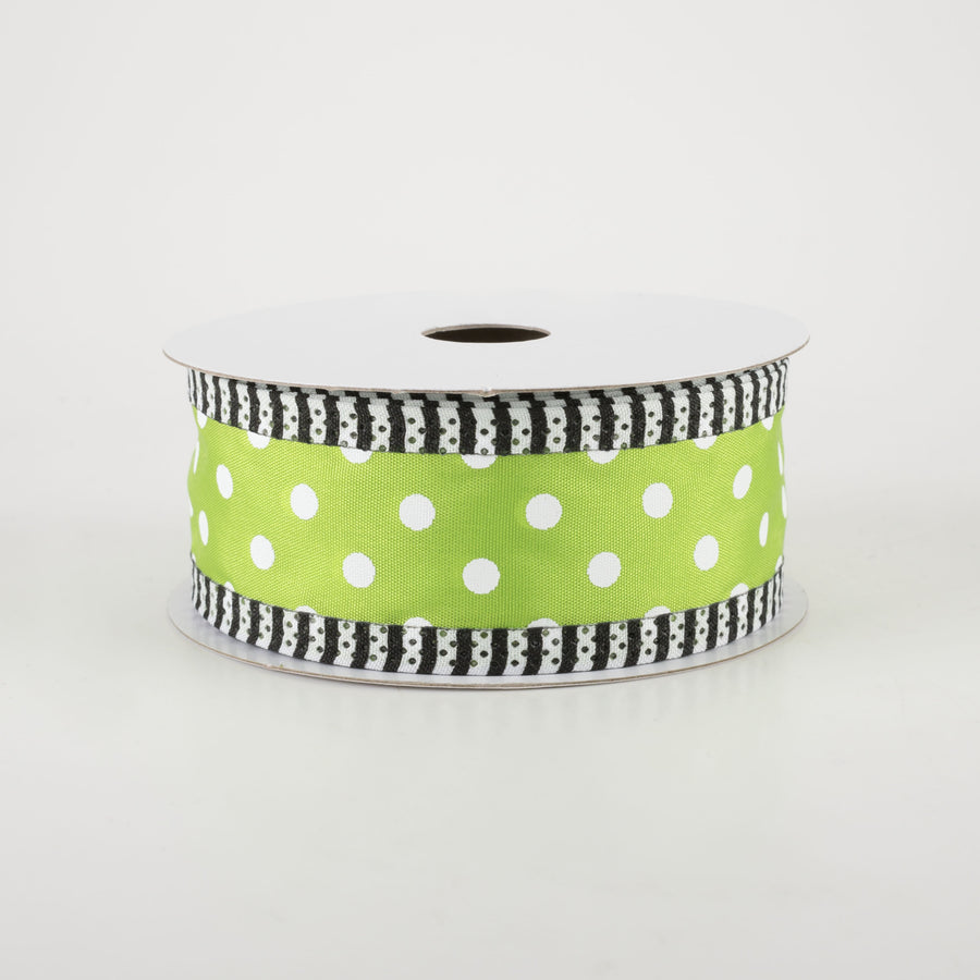 1.5" Thin Stripe Edge Polka Dot Ribbon: Lime Green & White (10 Yards)