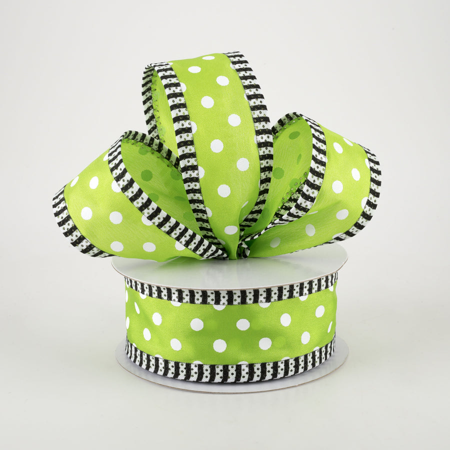 1.5" Thin Stripe Edge Polka Dot Ribbon: Lime Green & White (10 Yards)