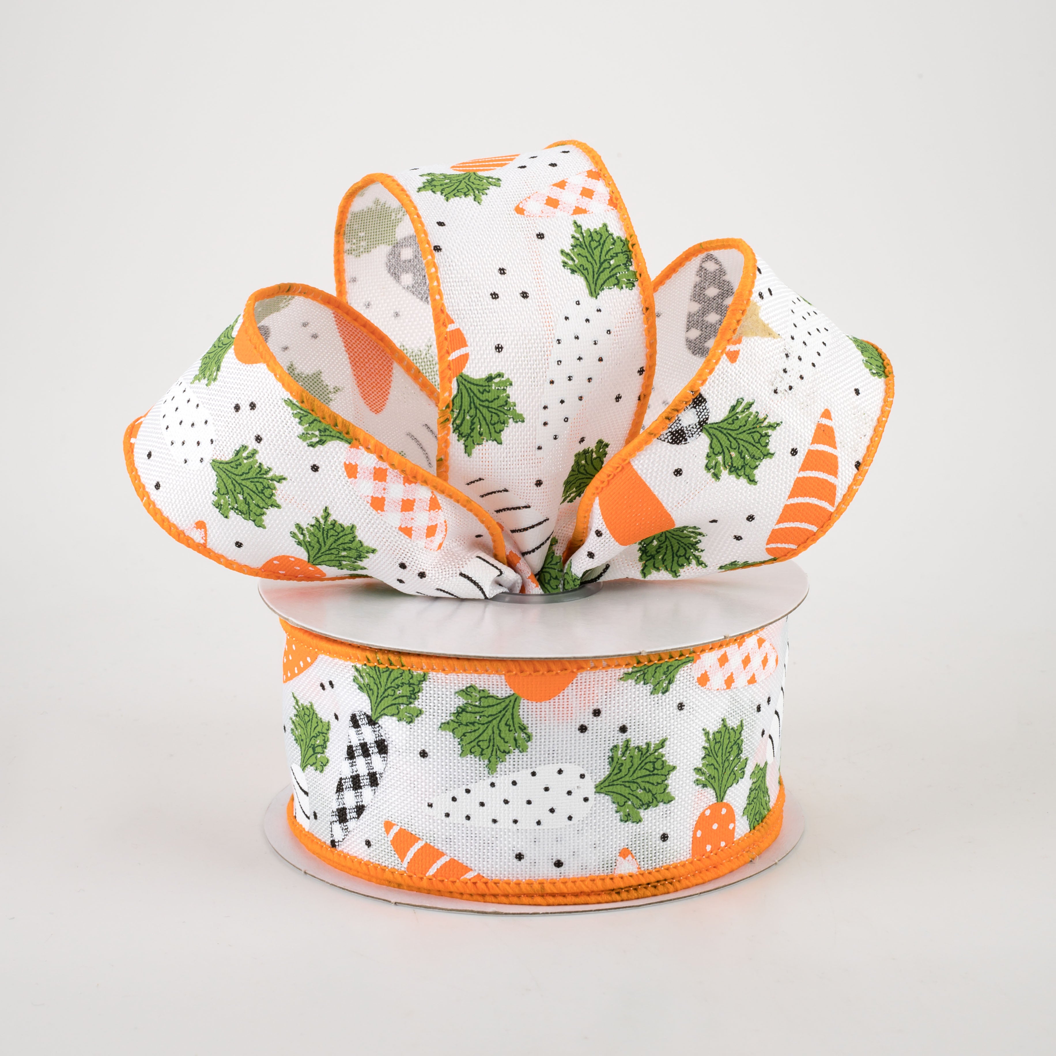 1.5" Patterned Carrots Ribbon: White Faux Burlap (10 Yards)