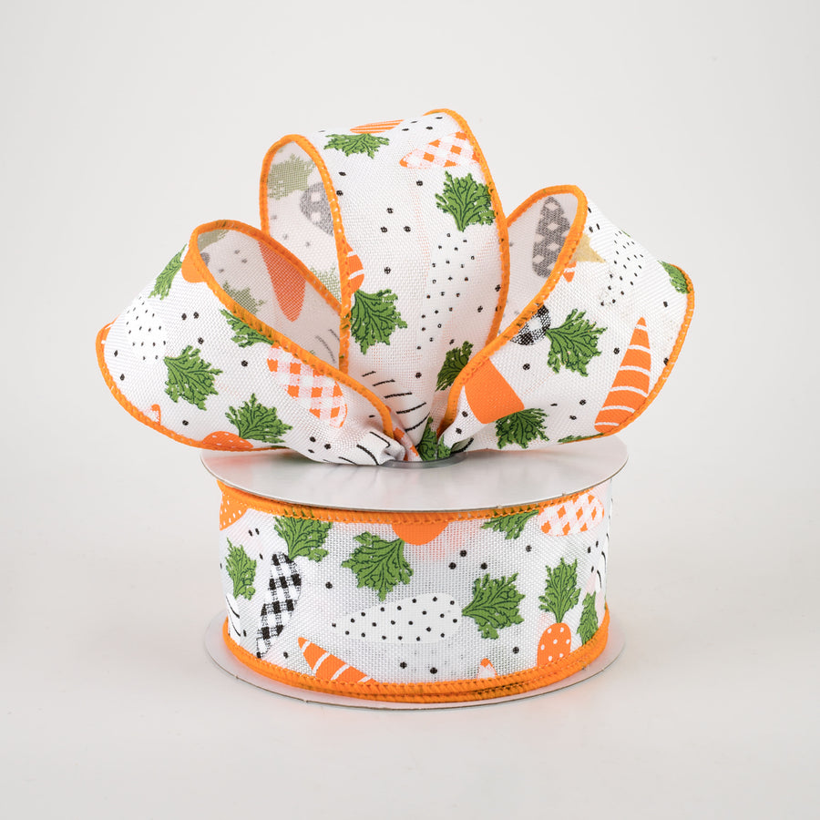 1.5" Patterned Carrots Ribbon: White Faux Burlap (10 Yards)