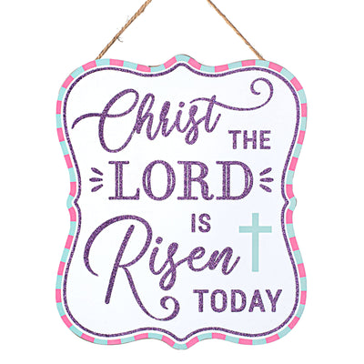 10" Scalloped Wooden Sign: Glittered The Lord is Risen