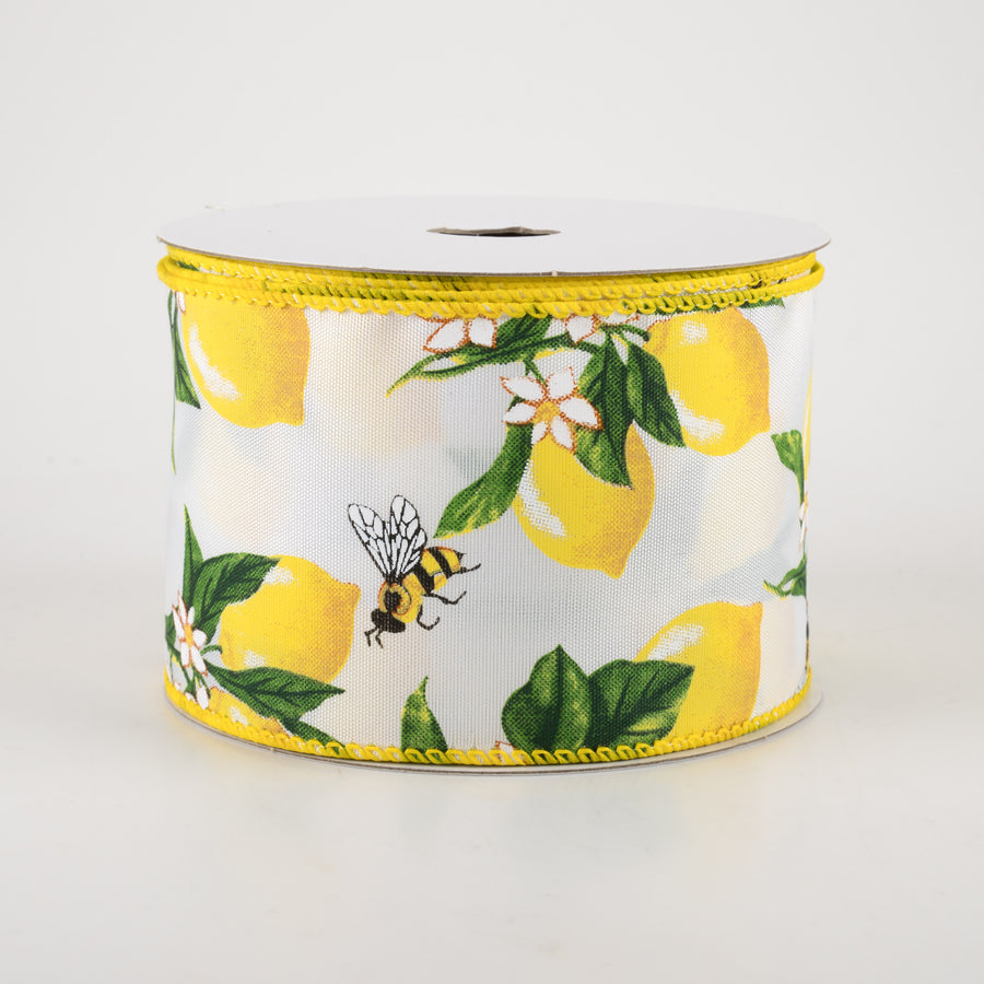 2.5" Satin Lemons & Bees Ribbon: White (10 Yards)