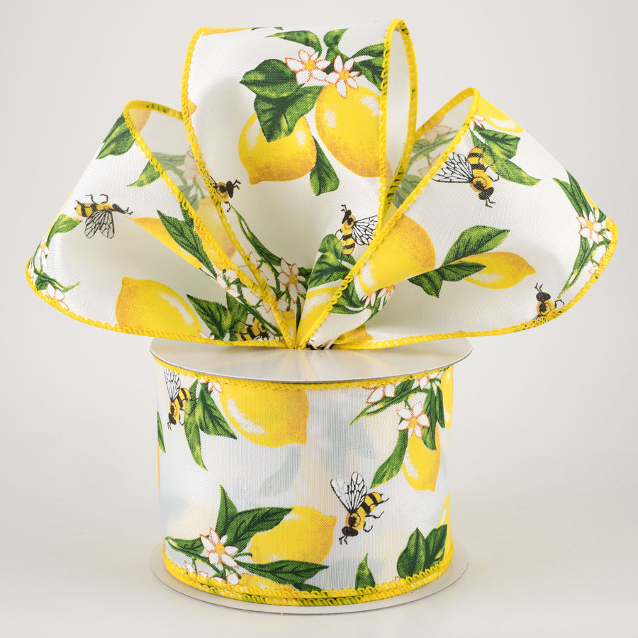 2.5" Satin Lemons & Bees Ribbon: White (10 Yards)