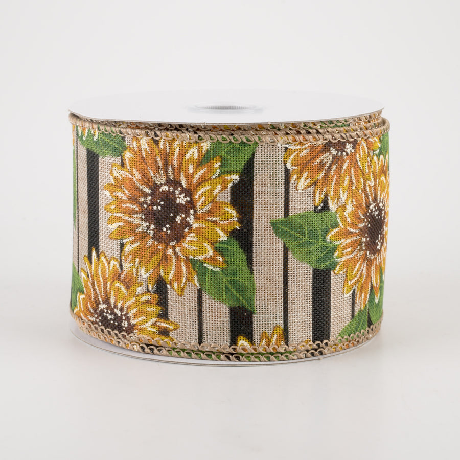2.5" Sunflowers on Black Striped Linen Ribbon (10 Yards)