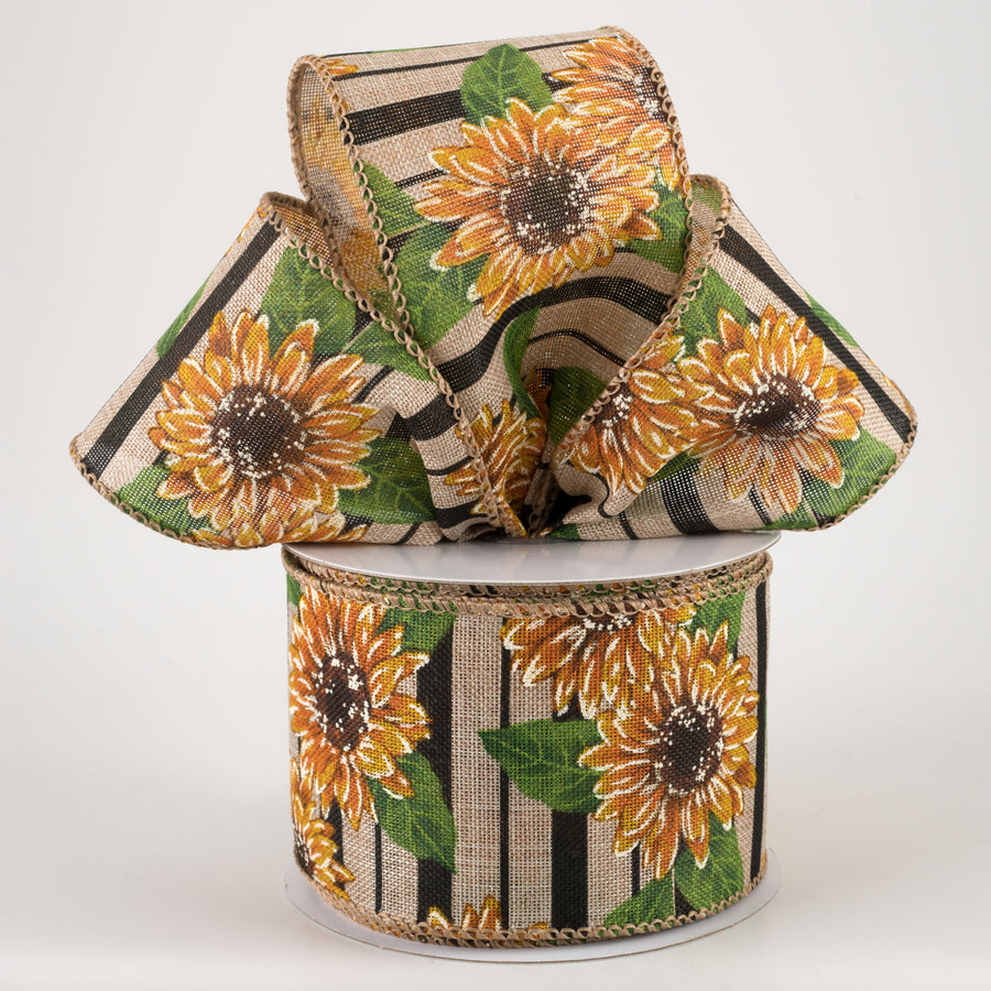 2.5" Sunflowers on Black Striped Linen Ribbon (10 Yards)