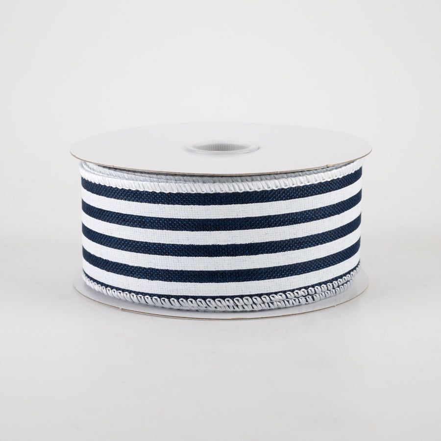 1.5" Linen Cabana Stripes Ribbon: Navy & White (10 Yards)