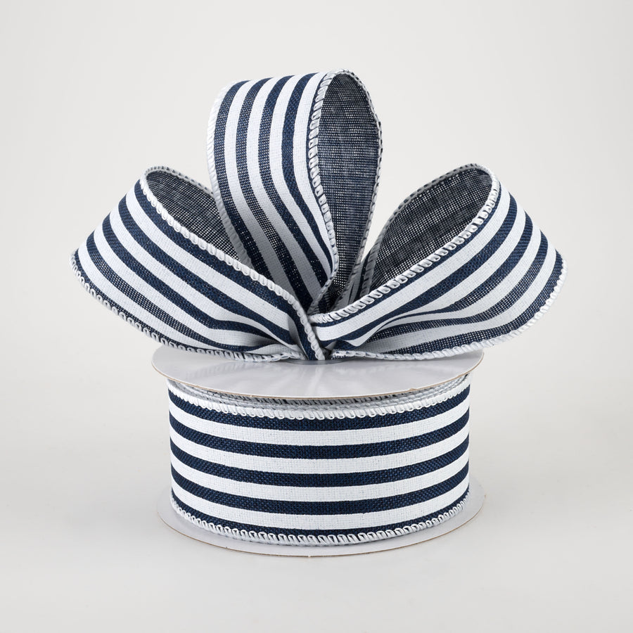 1.5" Linen Cabana Stripes Ribbon: Navy & White (10 Yards)
