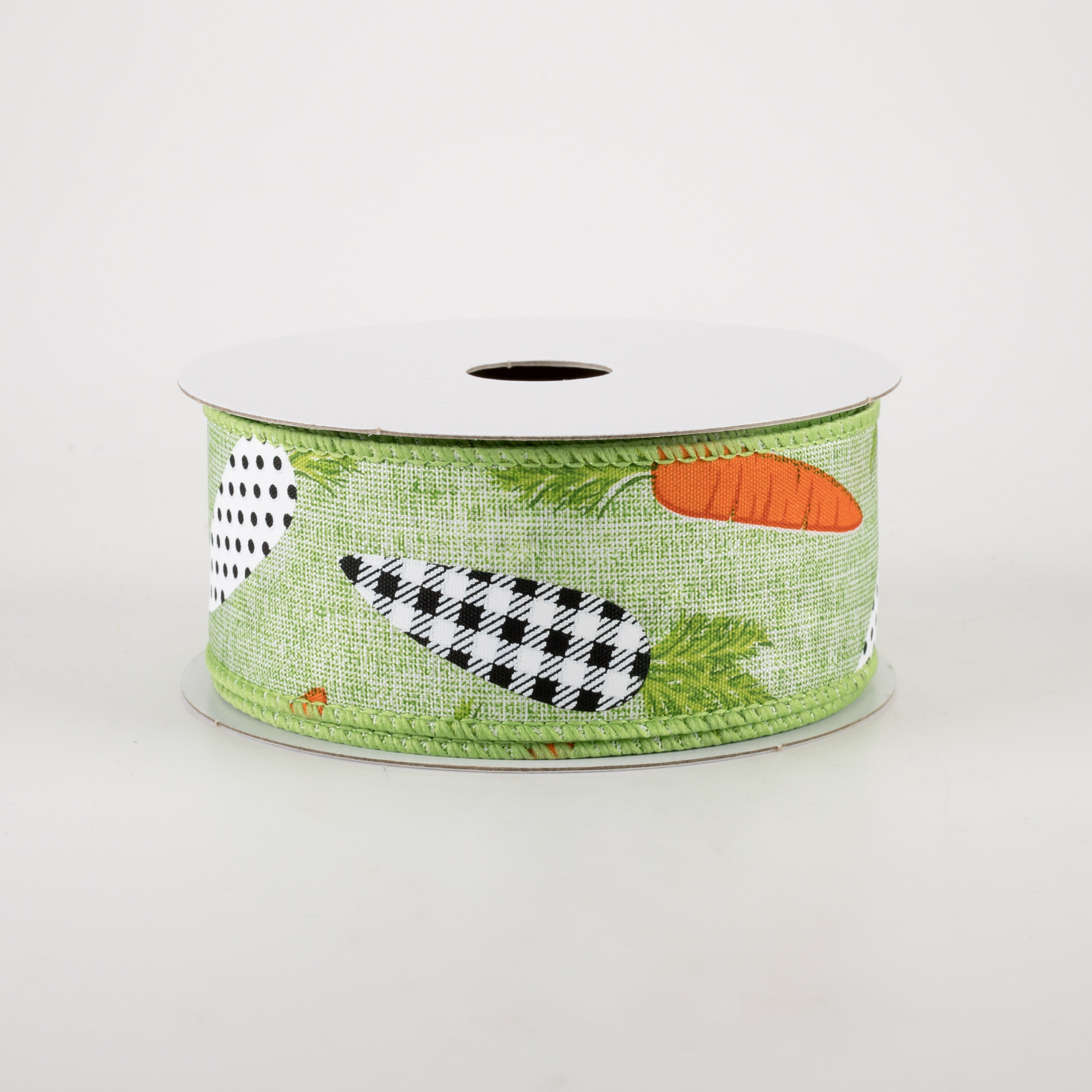 1.5" Linen Black & White Carrots Ribbon: Lime Green (10 Yards)