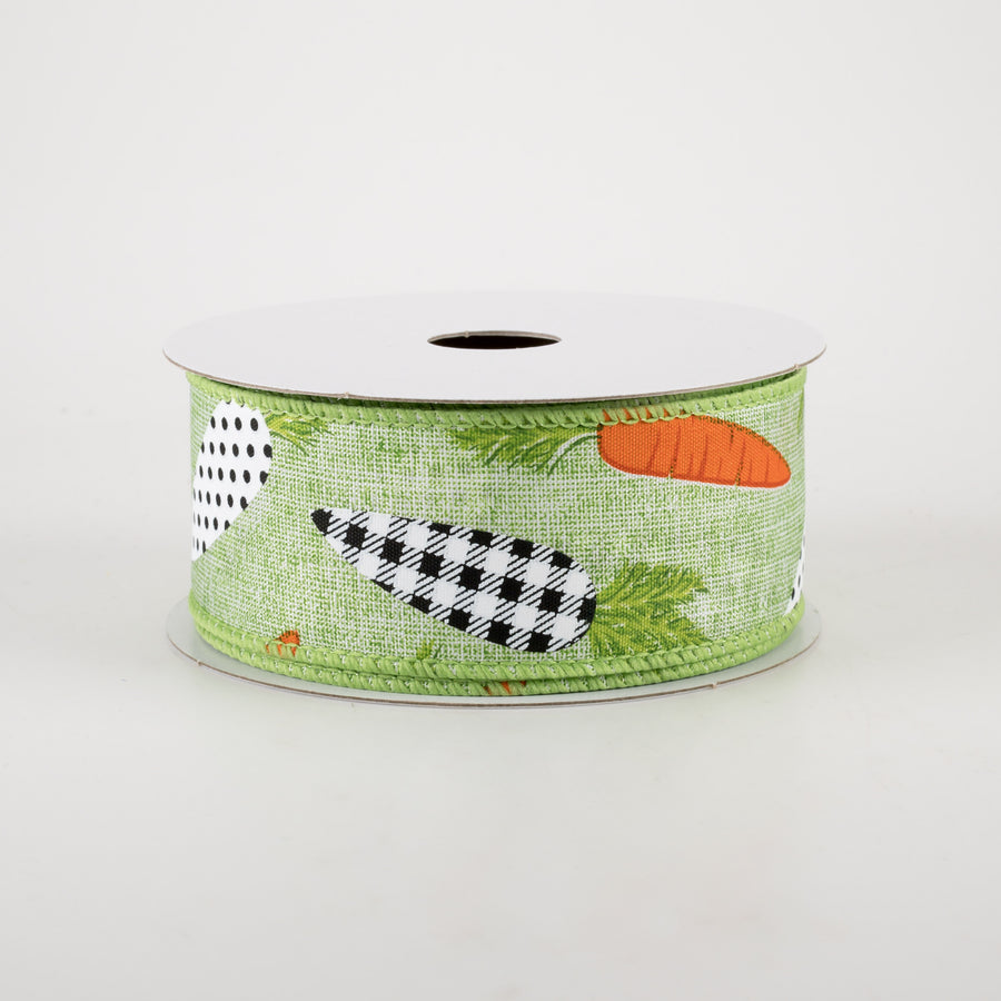 1.5" Linen Black & White Carrots Ribbon: Lime Green (10 Yards)