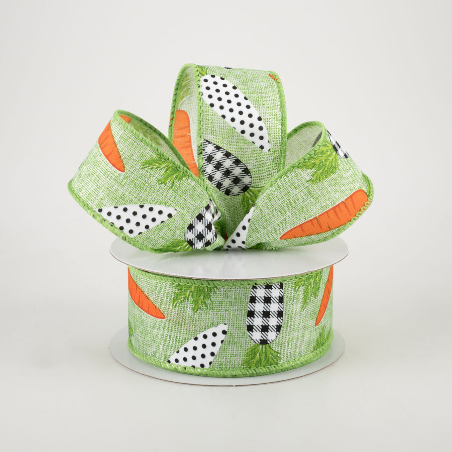1.5" Linen Black & White Carrots Ribbon: Lime Green (10 Yards)