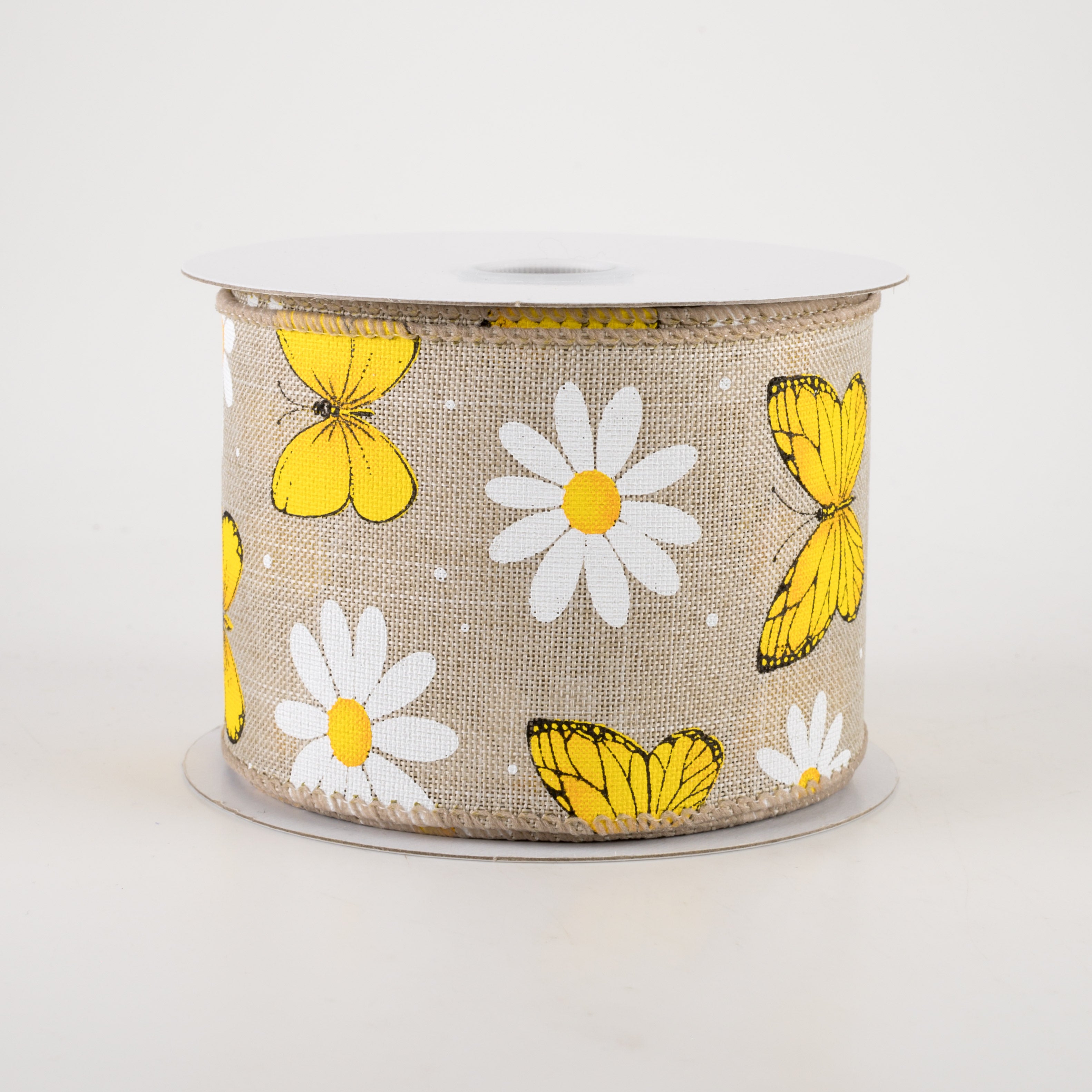 2.5" Daisies & Butterflies Linen Ribbon: Natural (10 Yards)