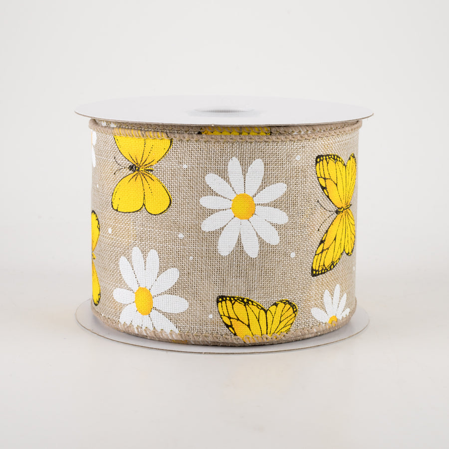 2.5" Daisies & Butterflies Linen Ribbon: Natural (10 Yards)