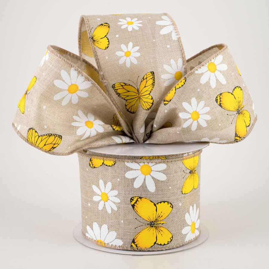 2.5" Daisies & Butterflies Linen Ribbon: Natural (10 Yards)