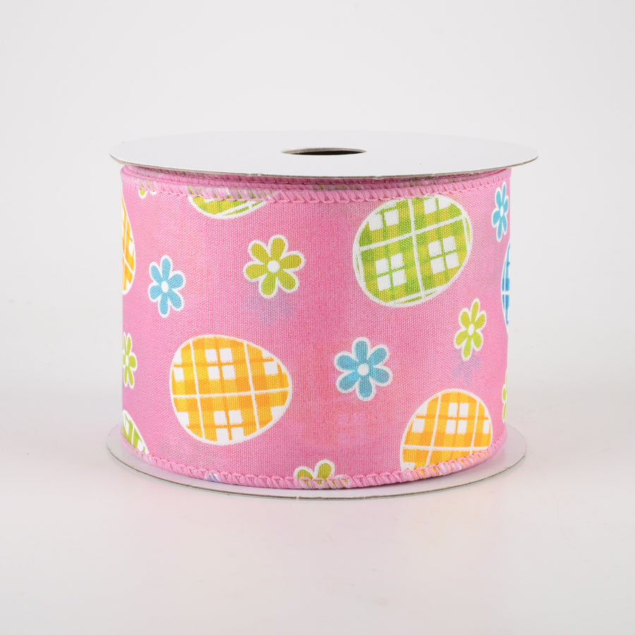 2.5" Satin Gingham Easter Eggs Ribbon: Pink (10 Yards)