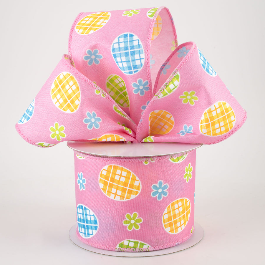 2.5" Satin Gingham Easter Eggs Ribbon: Pink (10 Yards)
