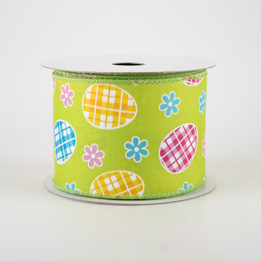 2.5" Satin Gingham Easter Eggs Ribbon: Lime Green (10 Yards)