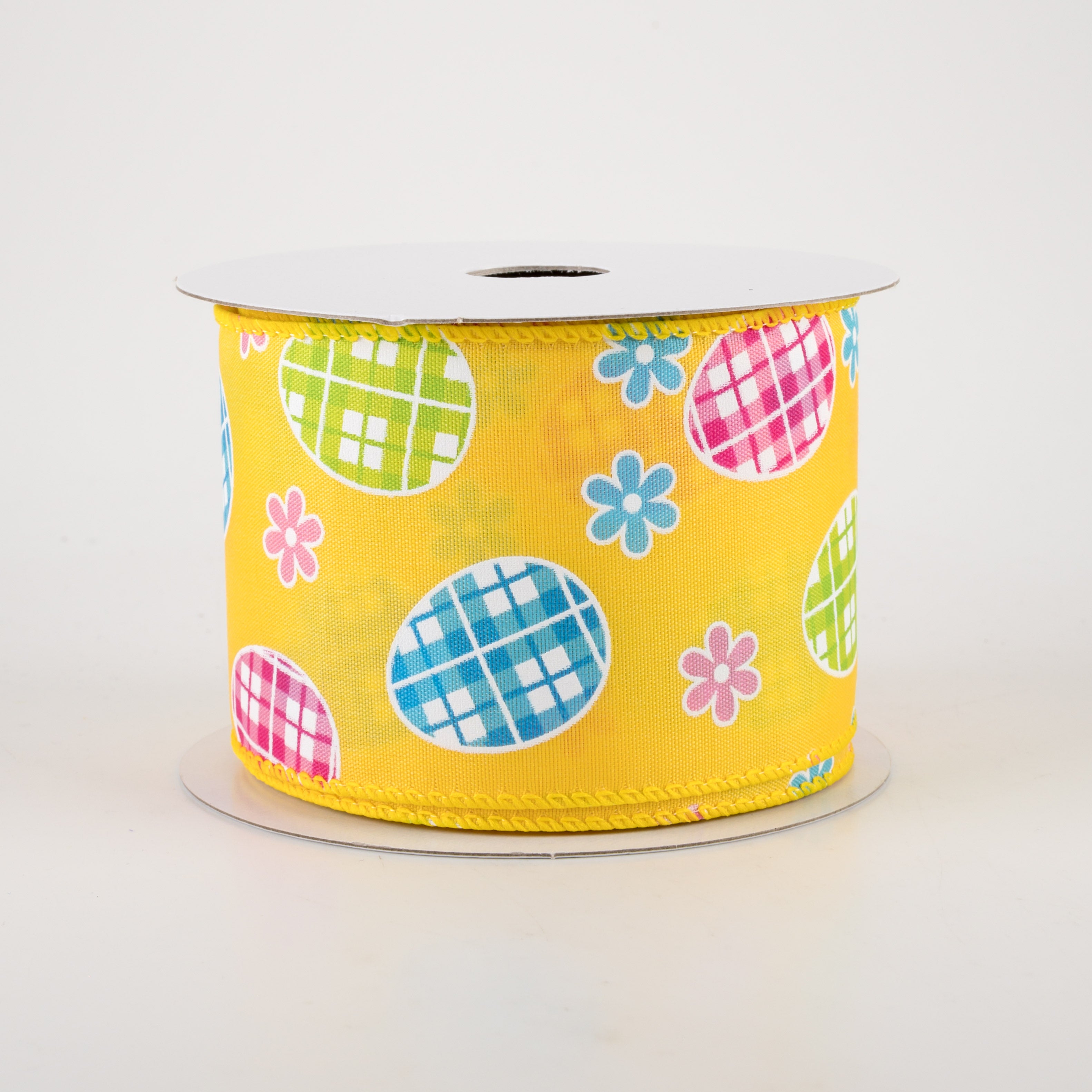 2.5" Satin Gingham Easter Eggs Ribbon: Yellow (10 Yards)