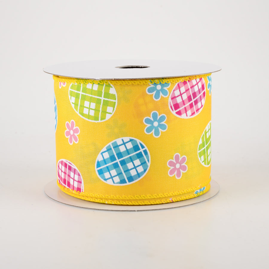 2.5" Satin Gingham Easter Eggs Ribbon: Yellow (10 Yards)