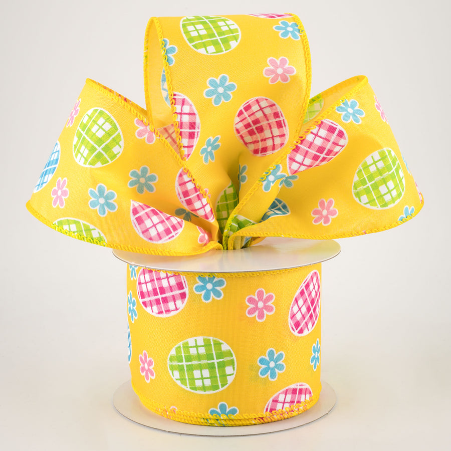 2.5" Satin Gingham Easter Eggs Ribbon: Yellow (10 Yards)