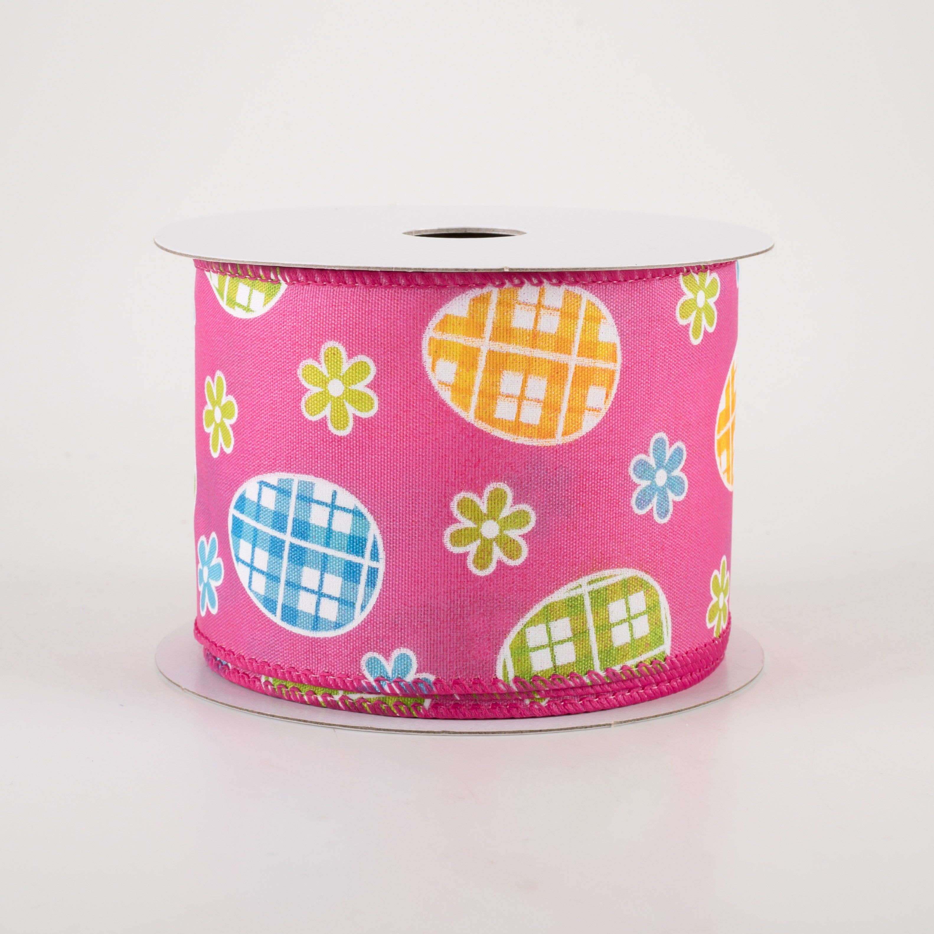 2.5" Satin Gingham Easter Eggs Ribbon: Fuchsia Pink (10 Yards)