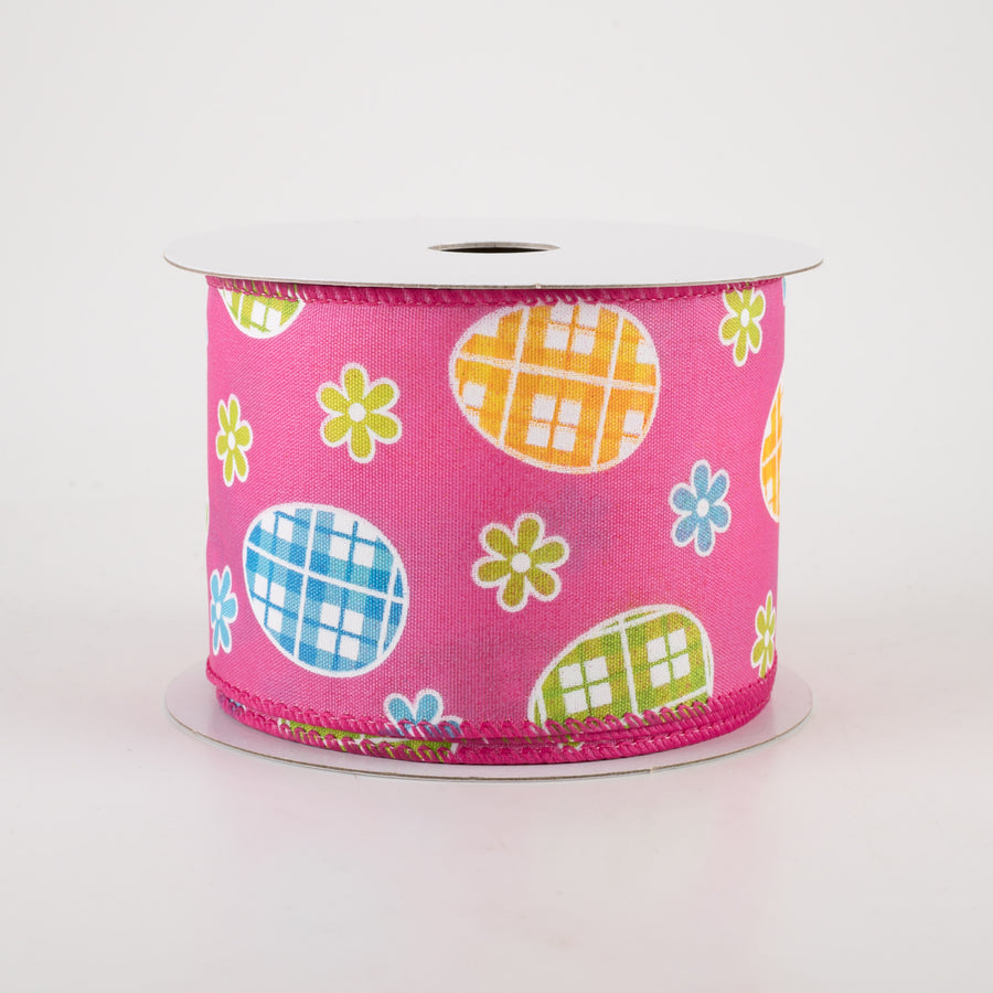 2.5" Satin Gingham Easter Eggs Ribbon: Fuchsia Pink (10 Yards)
