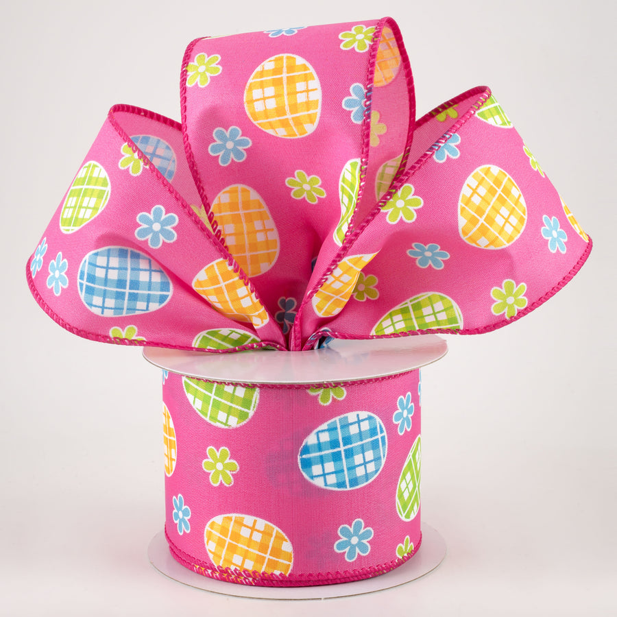 2.5" Satin Gingham Easter Eggs Ribbon: Fuchsia Pink (10 Yards)