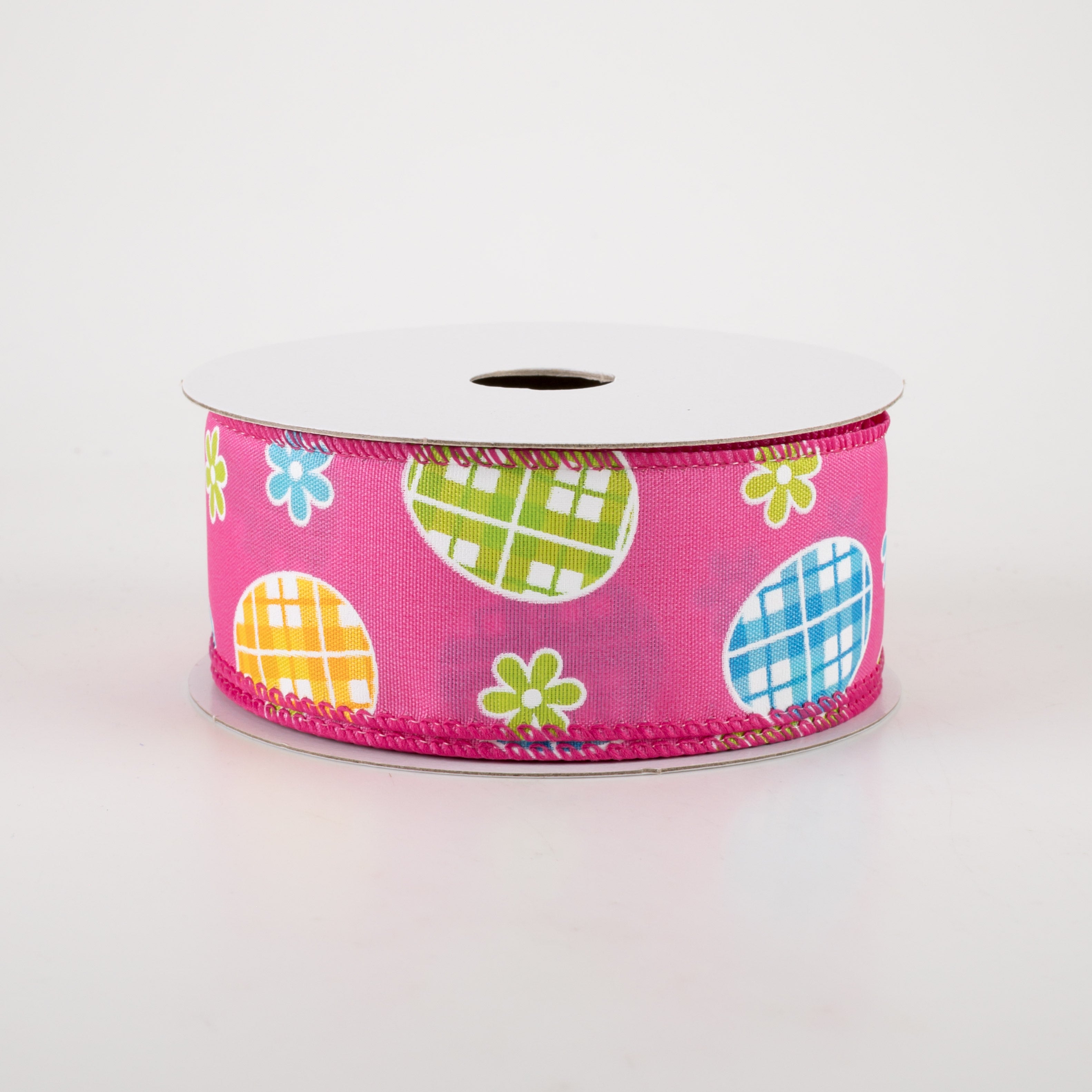 1.5" Satin Gingham Easter Eggs Ribbon: Fuchsia Pink (10 Yards)