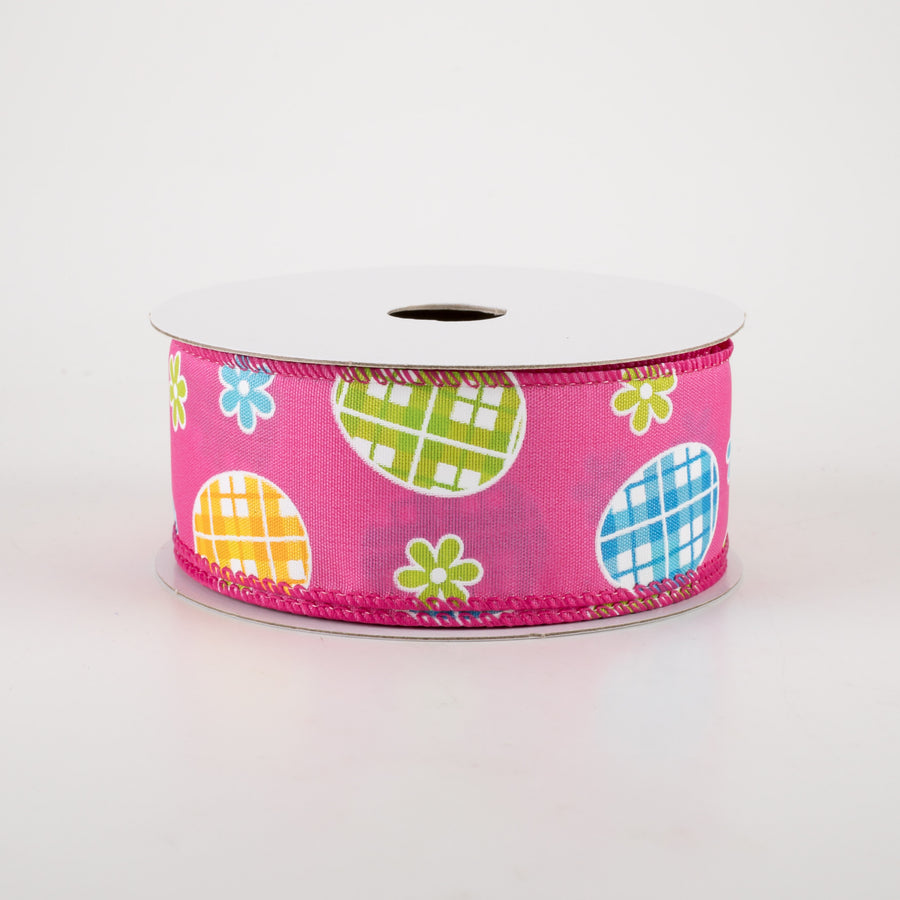 1.5" Satin Gingham Easter Eggs Ribbon: Fuchsia Pink (10 Yards)