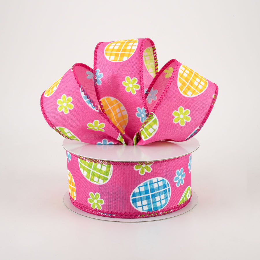 1.5" Satin Gingham Easter Eggs Ribbon: Fuchsia Pink (10 Yards)