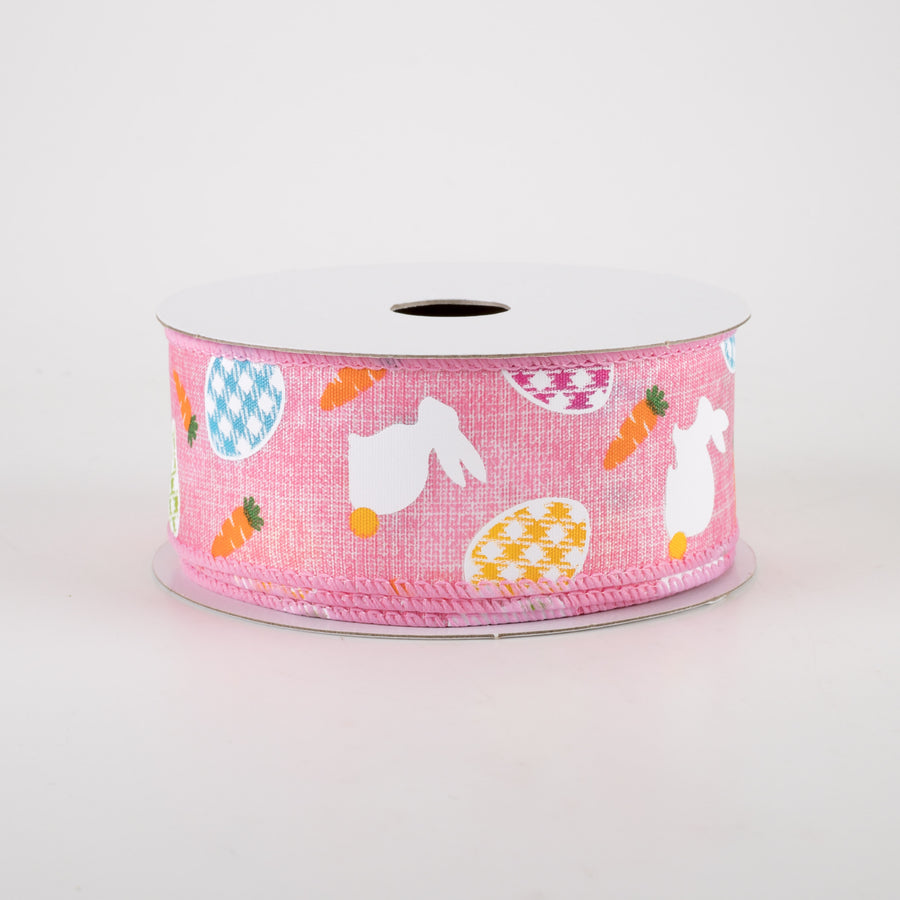 1.5" Linen Gingham Eggs and Bunnies Ribbon: Pink (10 Yards)