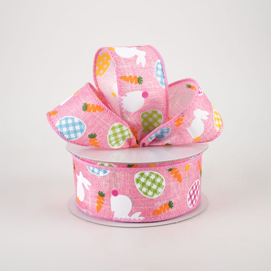 1.5" Linen Gingham Eggs and Bunnies Ribbon: Pink (10 Yards)