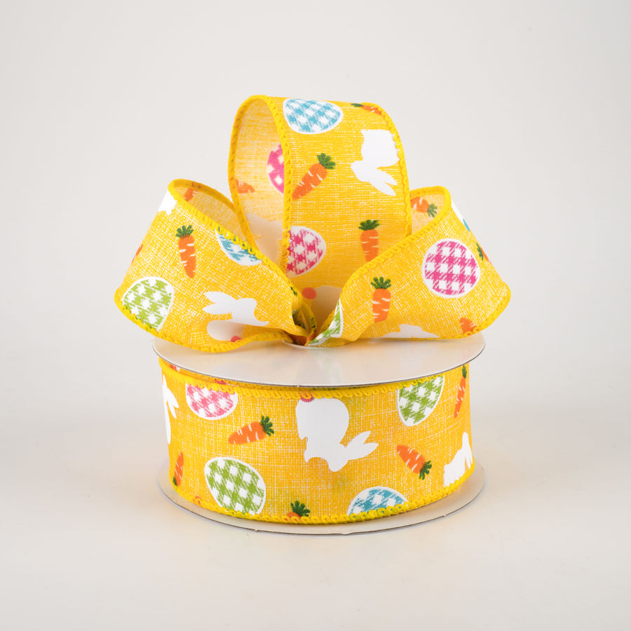 1.5" Linen Gingham Eggs and Bunnies Ribbon: Yellow (10 Yards)