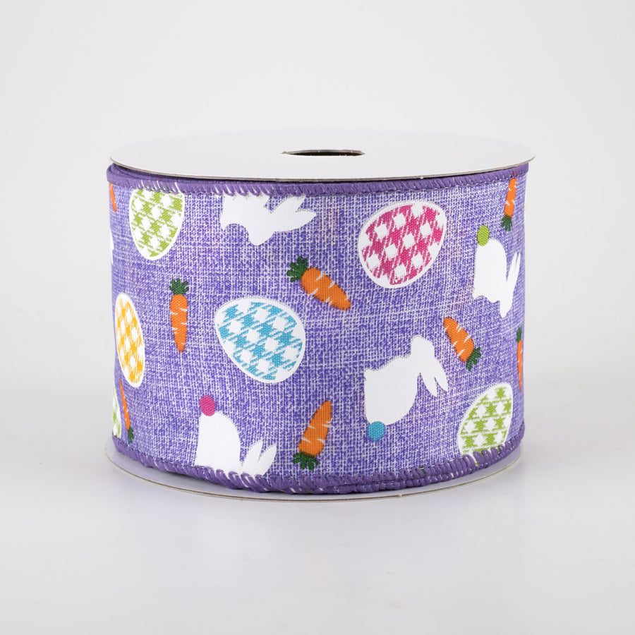 2.5" Linen Gingham Eggs and Bunnies Ribbon: Lavender (10 Yards)
