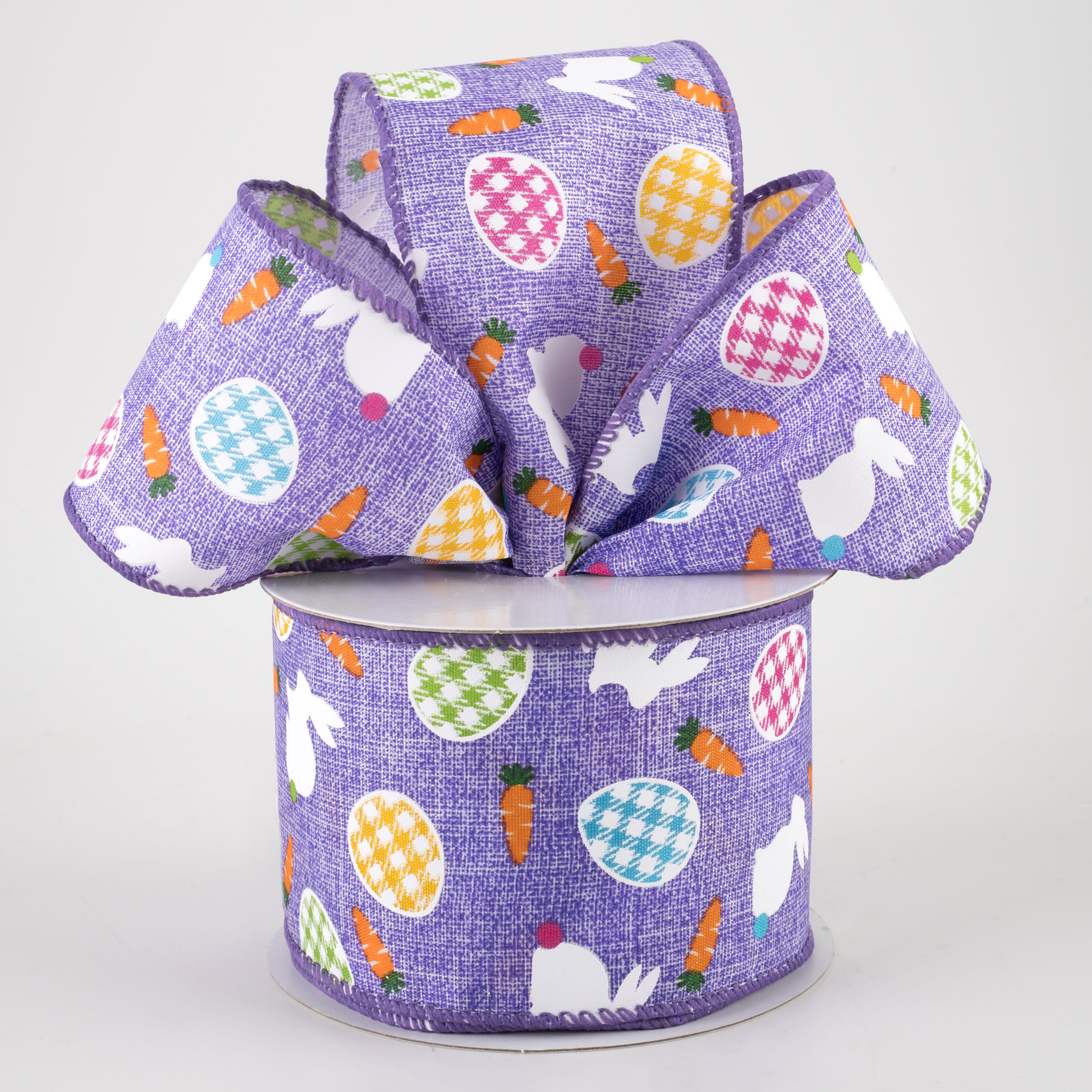 2.5" Linen Gingham Eggs and Bunnies Ribbon: Lavender (10 Yards)