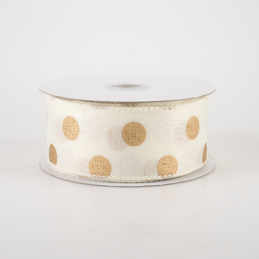 1.5" Linen Polka Dot Ribbon: Old Gold on Ivory (10 Yards)
