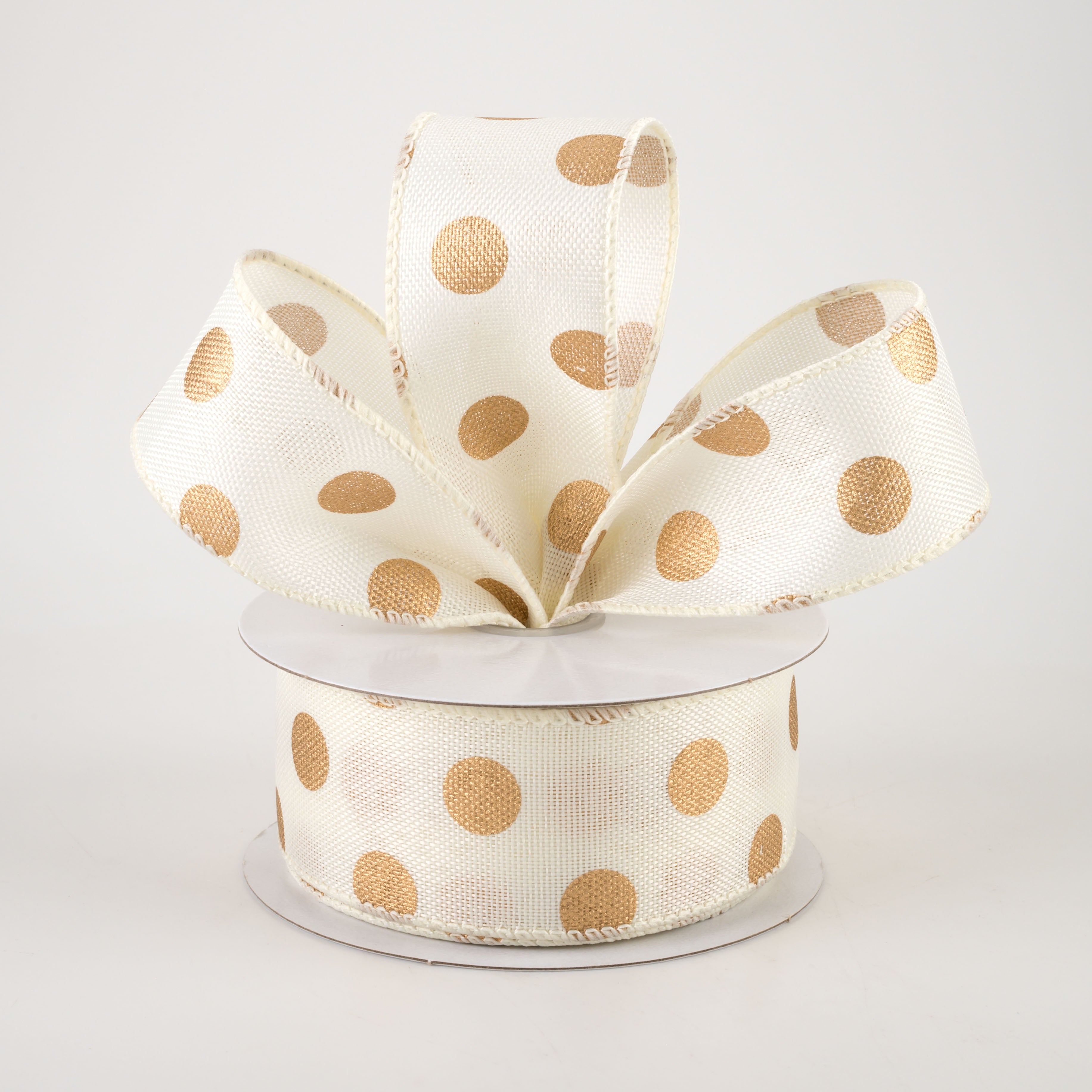 1.5" Linen Polka Dot Ribbon: Old Gold on Ivory (10 Yards)