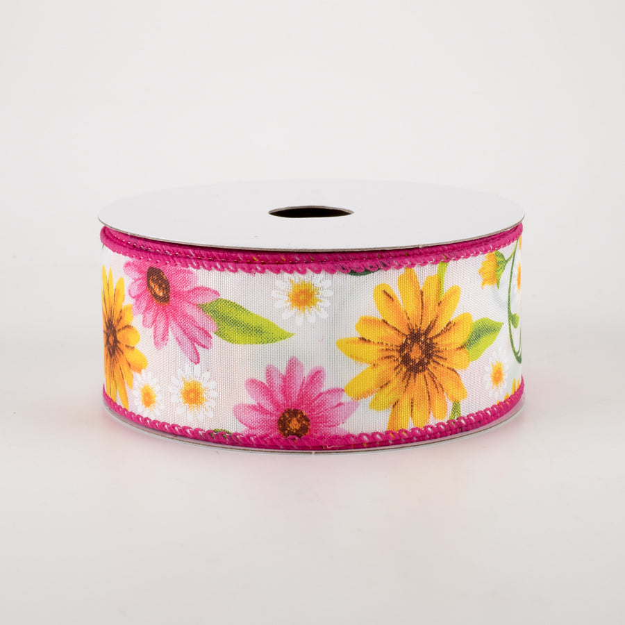 1.5" White Satin Daisies Ribbon: Pink & Yellow (10 Yards)