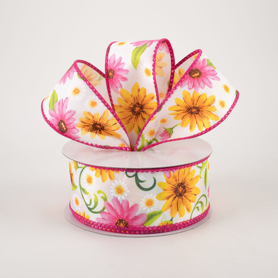 1.5" White Satin Daisies Ribbon: Pink & Yellow (10 Yards)