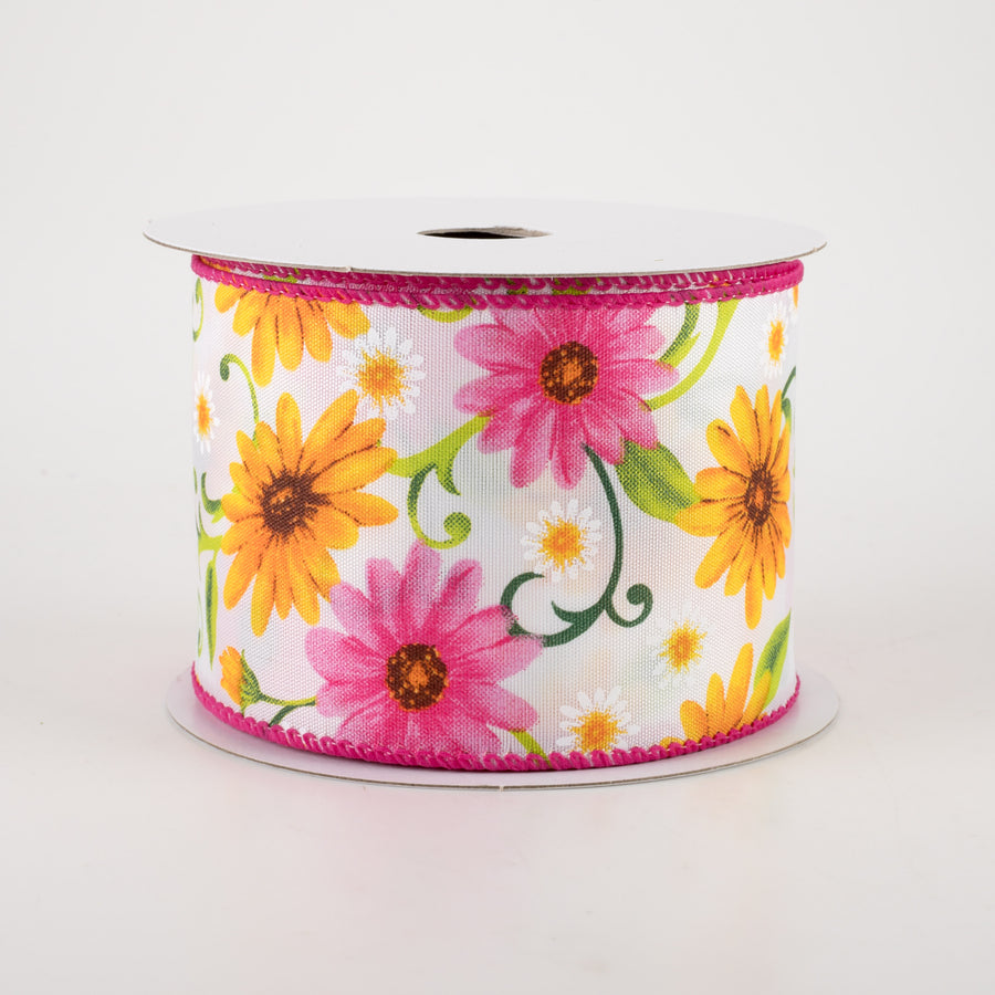 2.5" White Satin Daisies Ribbon: Pink & Yellow (10 Yards)