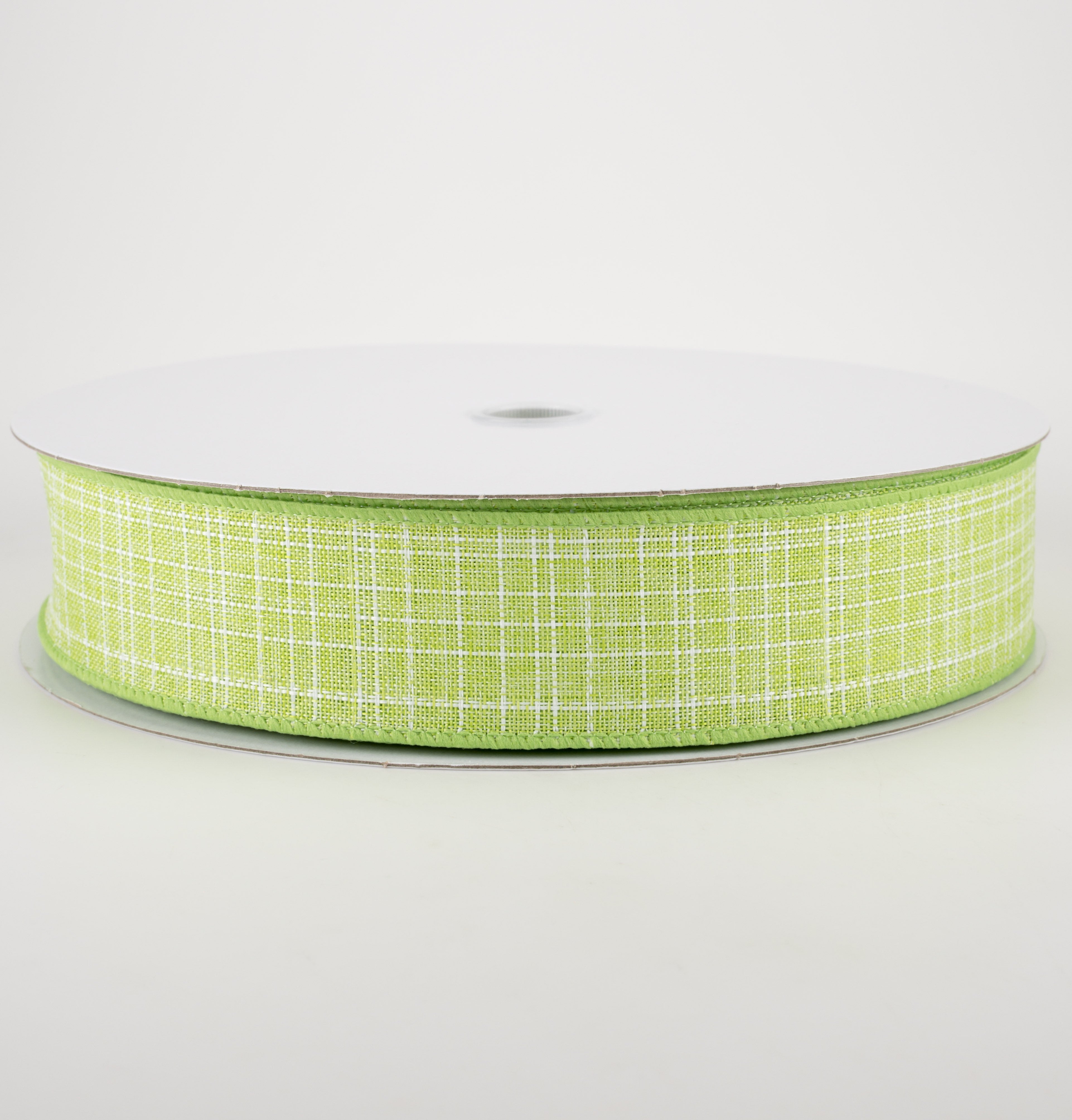 1.5" Estelle Textured Linen Ribbon: Lime Green & White (50 Yards)